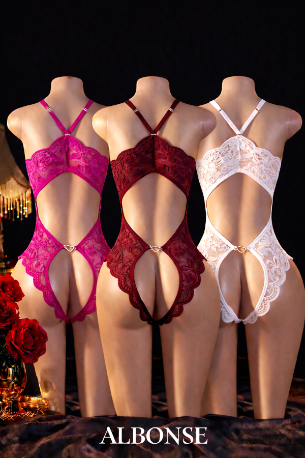 Fuşya-Beyaz-Bordo Özel Bölgesi Ve Sırtı Açık Dantel Detaylı Fantezi Gecelik Takım 3lü Avantajlı Paket