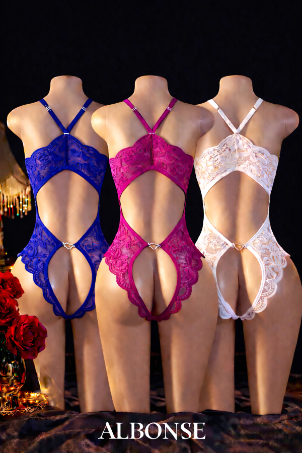 Fuşya-Beyaz-Saks Özel Bölgesi Ve Sırtı Açık Dantel Detaylı Fantezi Gecelik Takım 3lü Avantajlı Paket