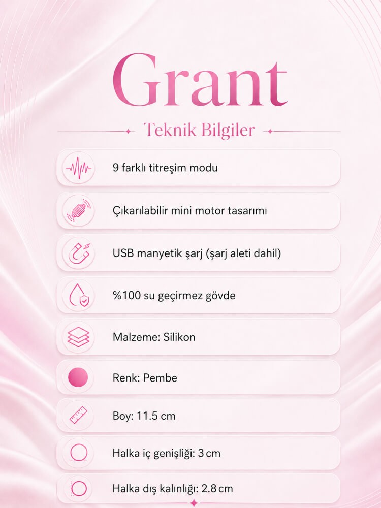 Grant 9 Fonksiyonlu Titreşimli Şarjlı Su Geçirmez Masaj Vibratörü