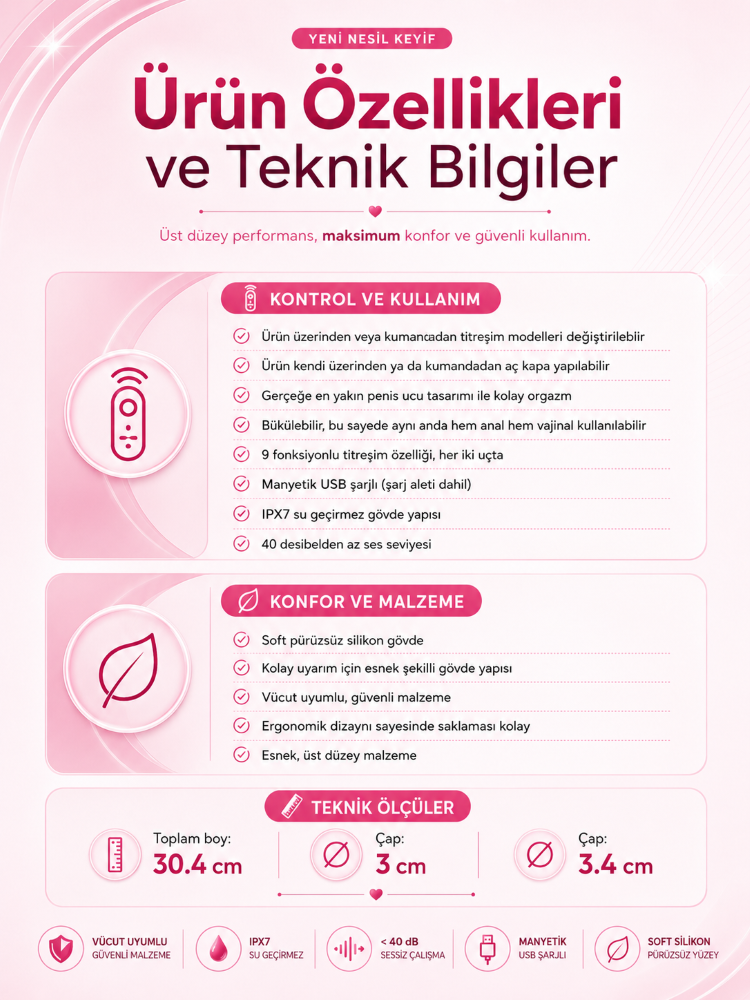 King 3 Kumandalı 9 Mod Titreşimli Çift Başlı Lezbiyen Penis Vibratör