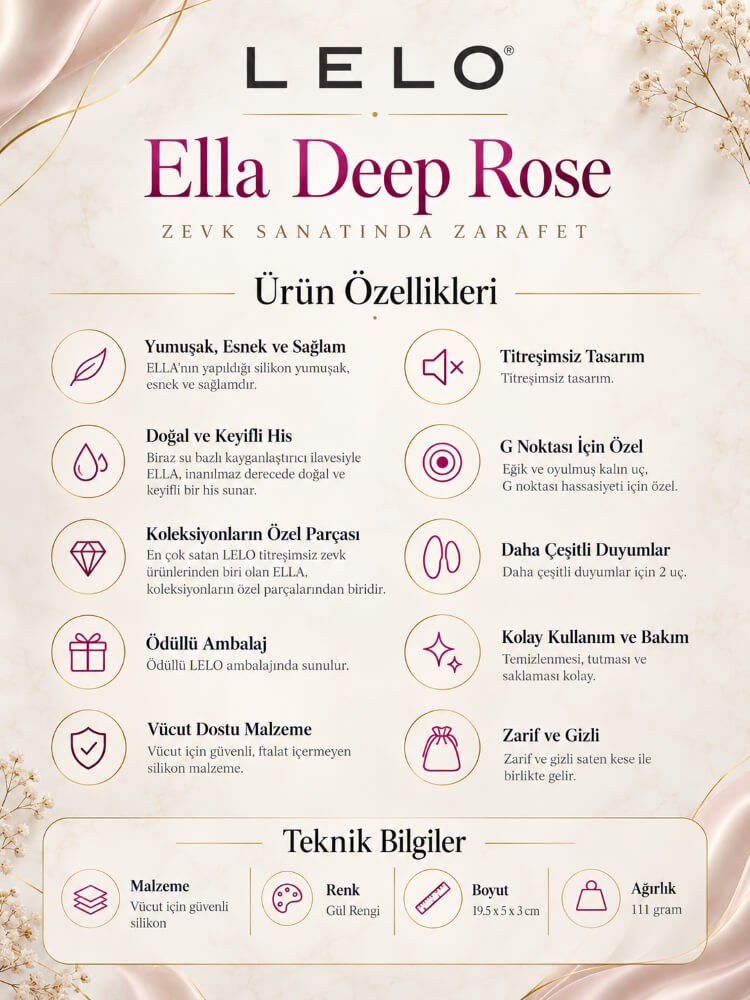 Lelo Ella Deep Rose G-Bölgesi Özel Titreşimsiz Dildo Vibratör