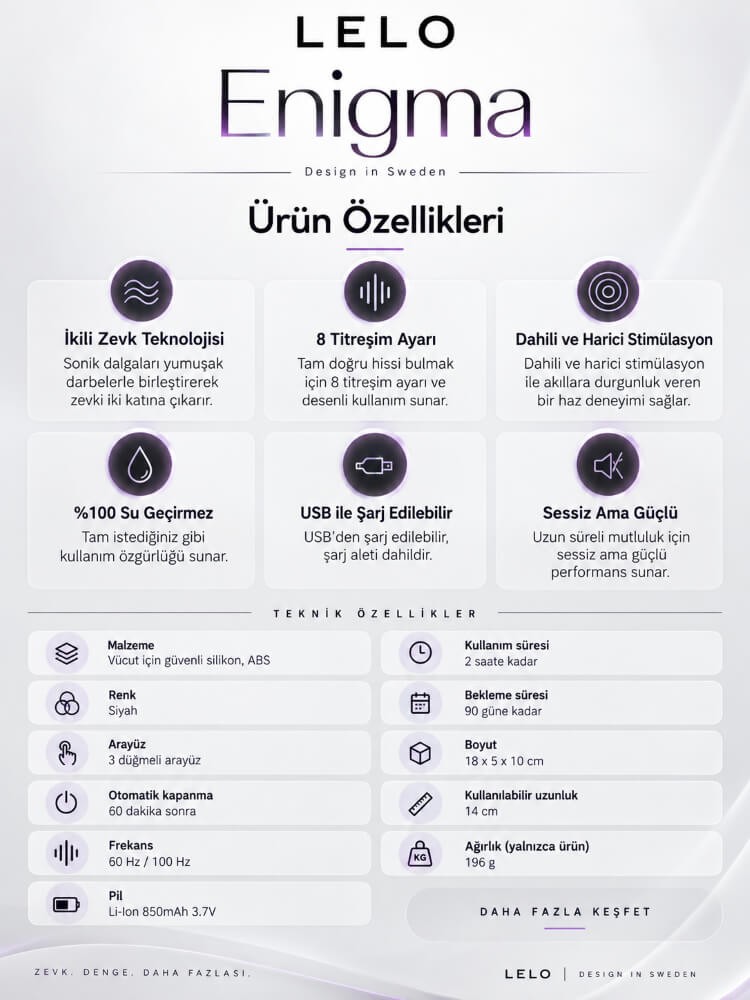 Lelo - Enigma Black Emiş Yapabilen Çift Etkili Ultra Lüks Siyah Masaj Aleti Vibratör