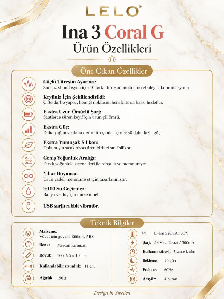 Lelo Ina 3 Coral G-Bölgesi & Klitoris Özel Rabbit Vibratör