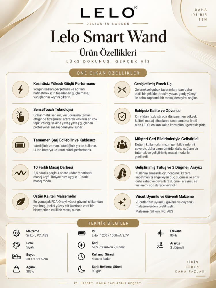 Lelo Smart Wand 2 Black Akıllı Sensörlü Çok Yönlü Büyük Boy Masaj Aleti 