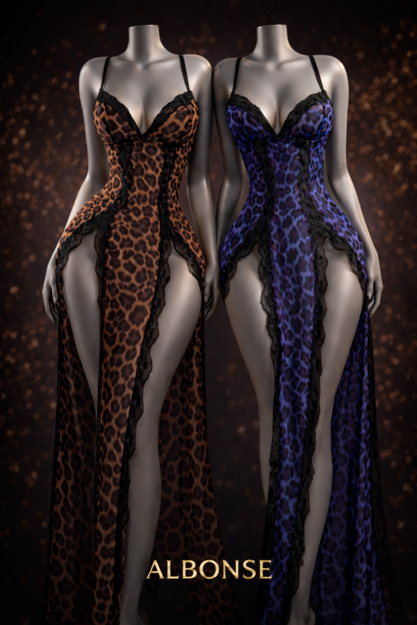 Leopar Desenli Yırtmaçlı G-String Tanga Dahil Seksi Kadın Fantezi Gecelik Takımı Avantajlı 2 li Paket