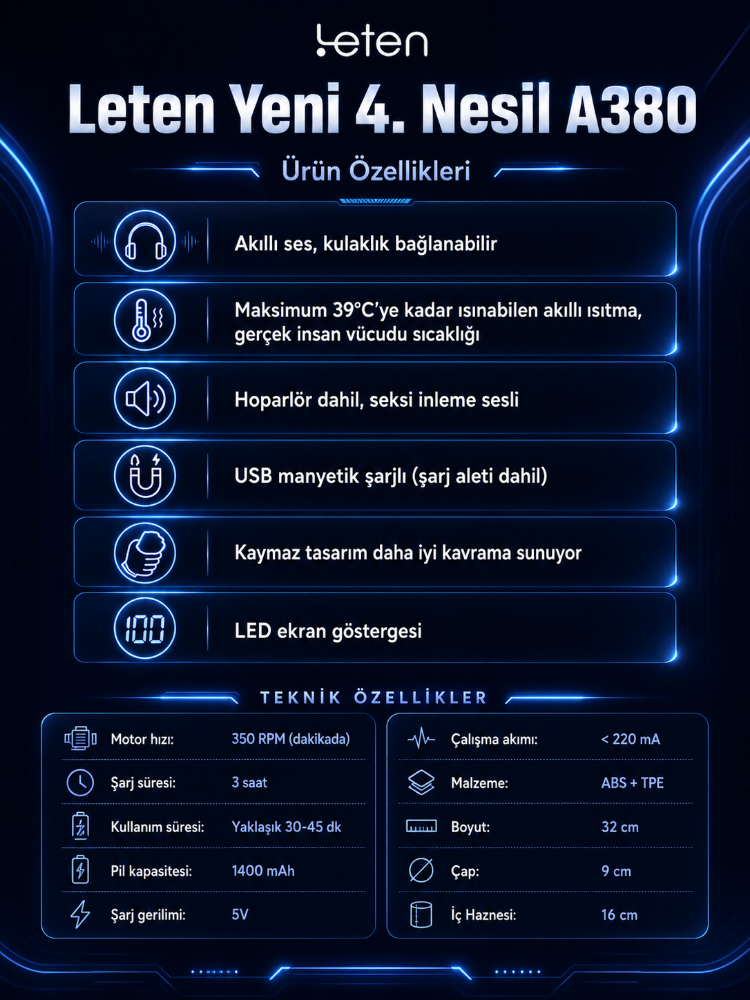 Leten Yeni 4.Nesil A380 İleri Geri Hareketli Sıcaklık Modlu Mastürbatör