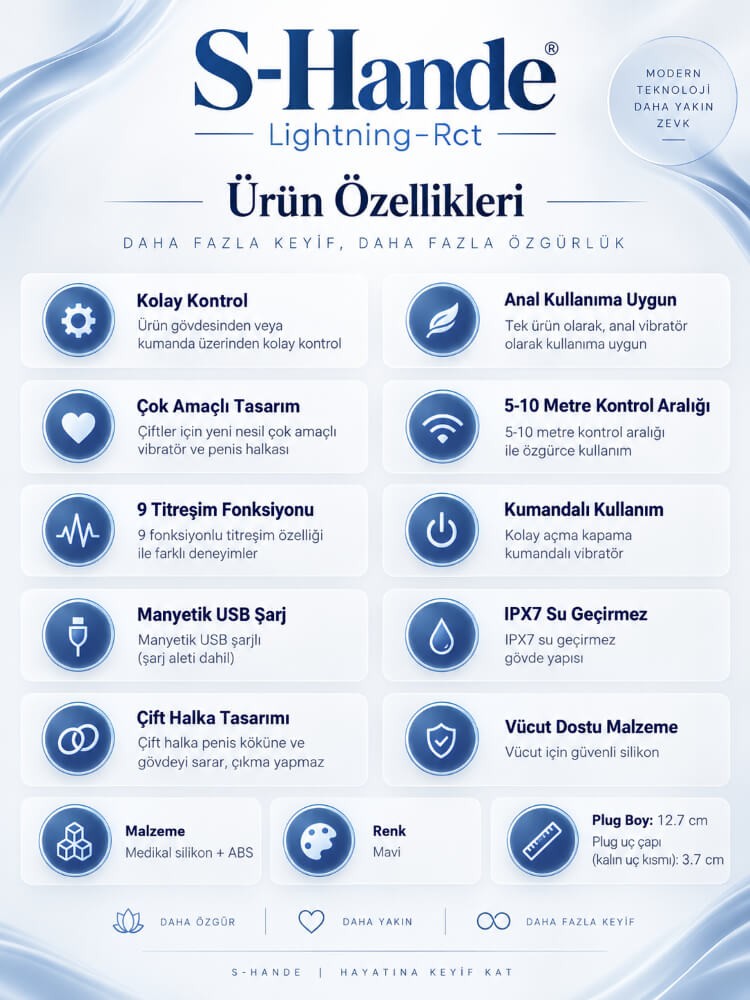 Lightning-Rct Elektiriksel Uyarım 9 Fonksiyonlu Titreşimli Kumandalı Çiftli Penis Halkası ve Prostat Vibratör