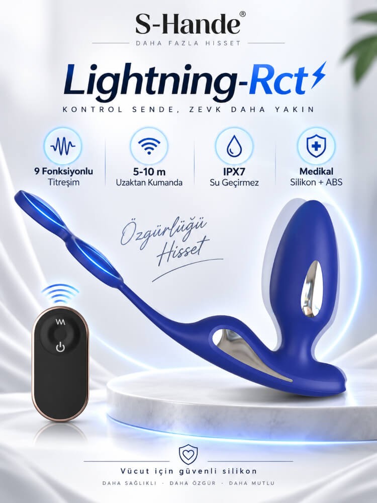 Lightning-Rct Elektiriksel Uyarım 9 Fonksiyonlu Titreşimli Kumandalı Çiftli Penis Halkası ve Prostat Vibratör