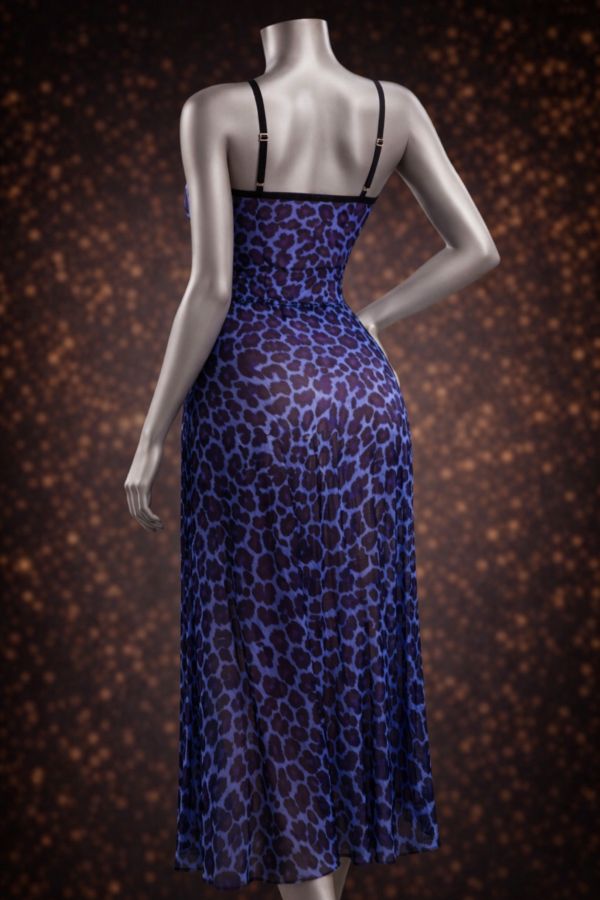 Mavi Leopar Desenli Yırtmaçlı G-String Tanga Dahil Seksi Kadın Fantezi Gecelik Takımı