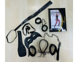 7 Parça Komple Deri Siyah Fetiş Seti + Yatak Bağlama Kelepçesi