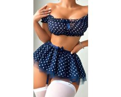 Fırfırlı Puantiyeli Lacivert Erotik Kostüm
