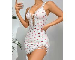 Kiraz Desenli Dantel Kenarlı Seksi Gecelik