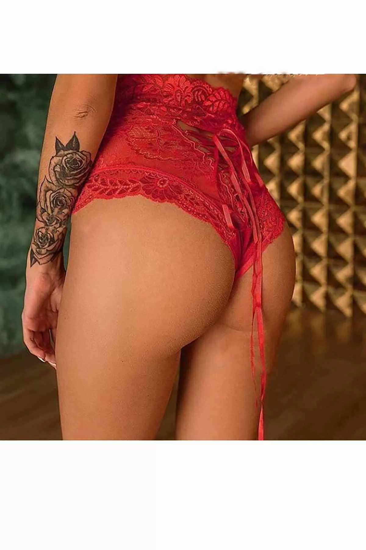 Kırmızı Dantelli Yüksek Bel Külot