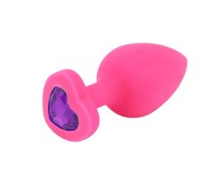 Özel Pembe Silikon Lüks Kalpli Taşlı Orta Boy Anal Plug