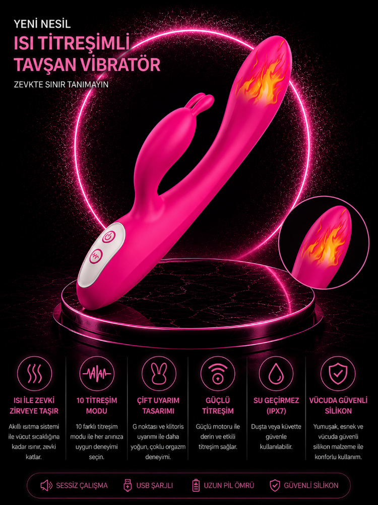 Naughty Klitoris ve G-Bölgesi Uyarıcı Akıllı Isıtma Modlu Şarjlı Rabbit Vibratör