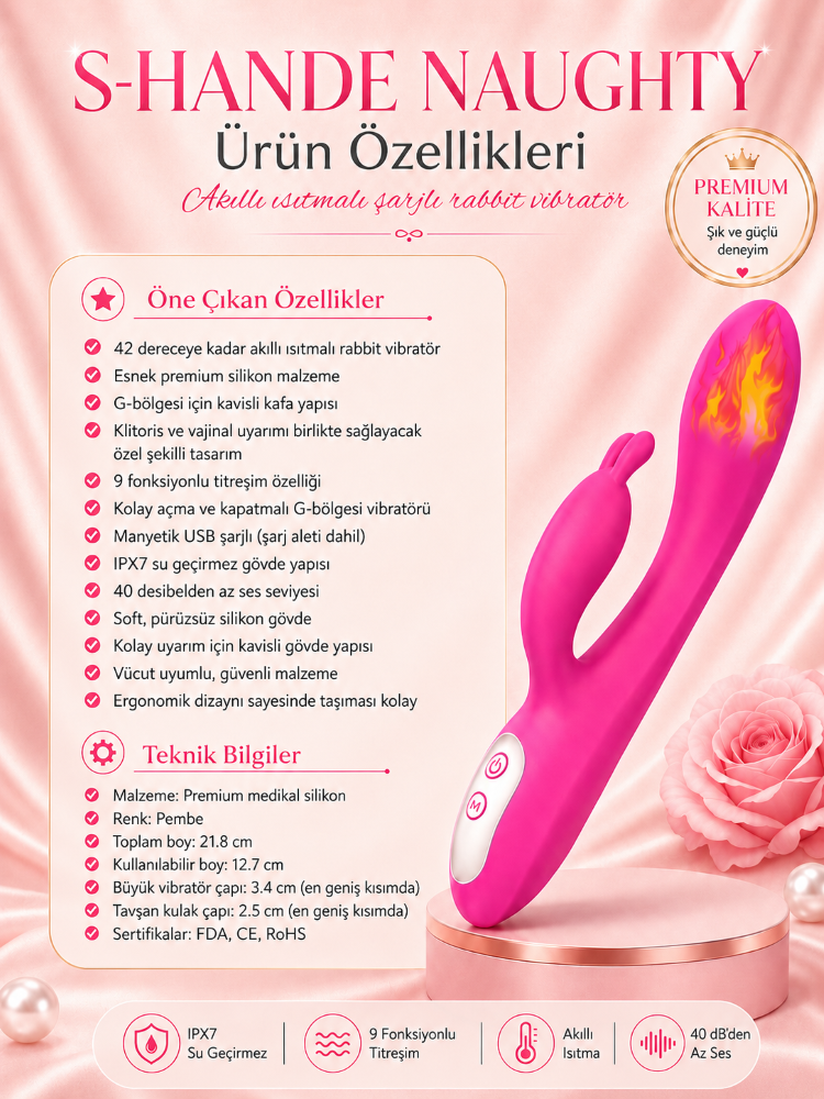 Naughty Klitoris ve G-Bölgesi Uyarıcı Akıllı Isıtma Modlu Şarjlı Rabbit Vibratör