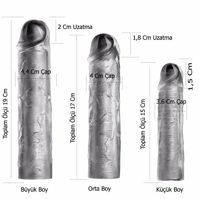 3 Farklı Boyda Özel Gerçekci Yumuşak Dokuya Sahip Harika Penis Kılıfı Seti