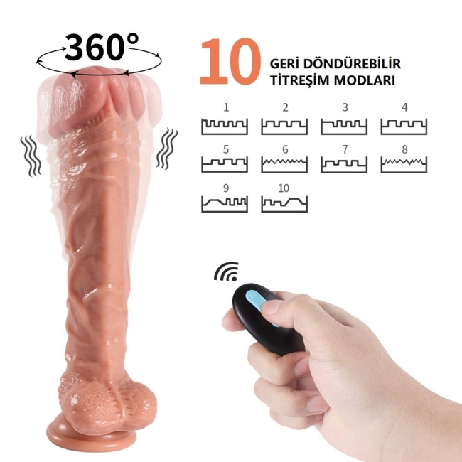 JK Kumandalı 10 Modlu Titreşimli ve 3 Modlu Dönebilen Realistik Penis