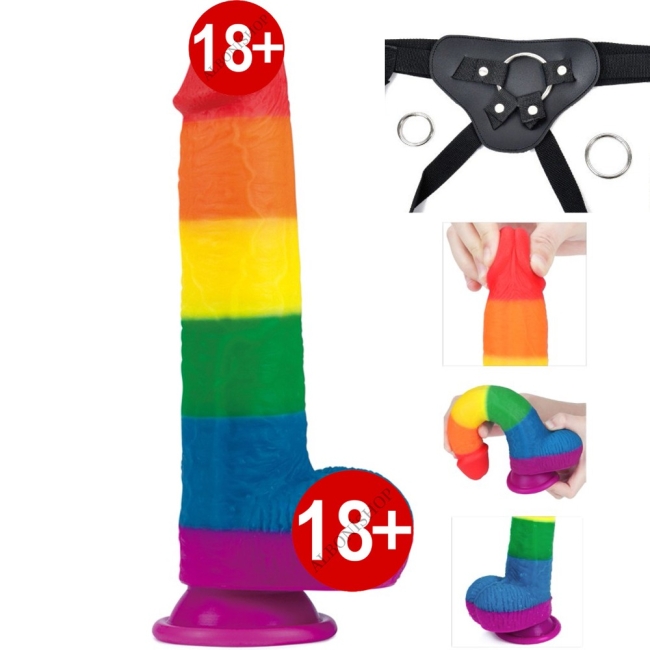 Lovetoy Prider Gökkuşağı Renkli Damarlı 23 Cm Realistik Kemerli Penis-410028