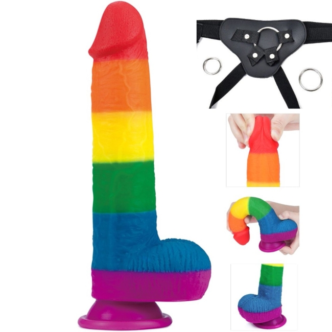 Lovetoy Prider Gökkuşağı Renkli Damarlı 23 Cm Realistik Kemerli Penis-410028