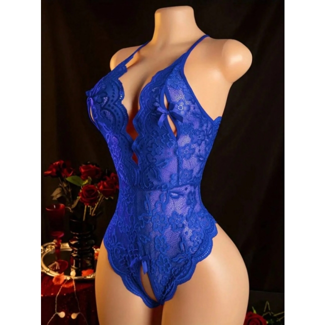 Saks Mavisi Özel Bölgesi ve Sırtı Açık Babydoll Seksi Gecelik