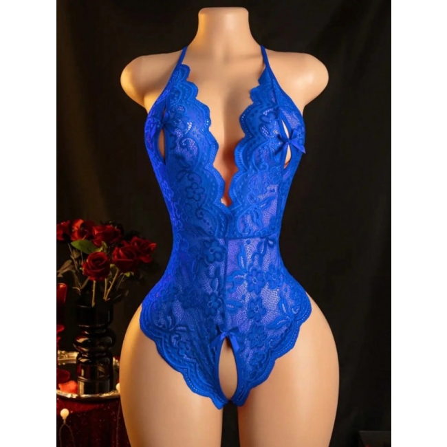 Saks Mavisi Özel Bölgesi ve Sırtı Açık Babydoll Seksi Gecelik