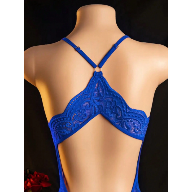 Saks Mavisi Özel Bölgesi ve Sırtı Açık Babydoll Seksi Gecelik