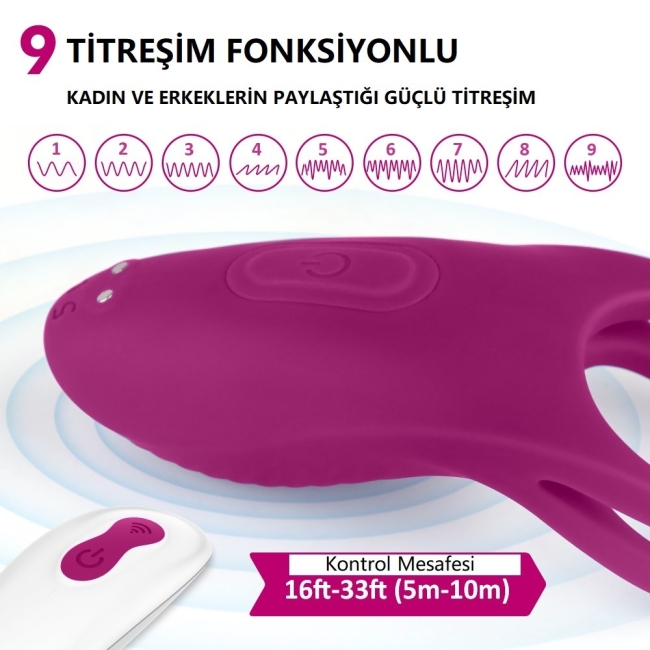 Trap 9 Modlu Titreşimli Kumandalı Çiftlere Özel Şarjlı Çiftli Penis Halkası