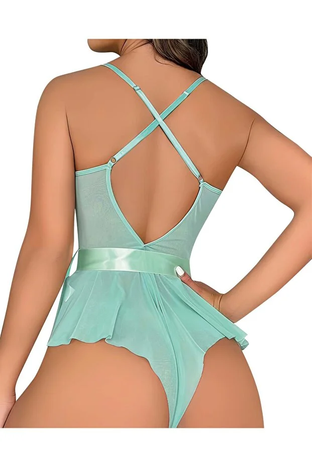 Turkuaz Tül Transparan Çiçekli String Babydoll