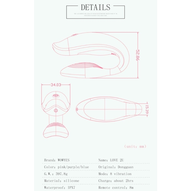 Wowyes 2U Kumandalı Çiftlere Özel 8 Modlu Titreşimli Şarjlı Pembe Vibratör