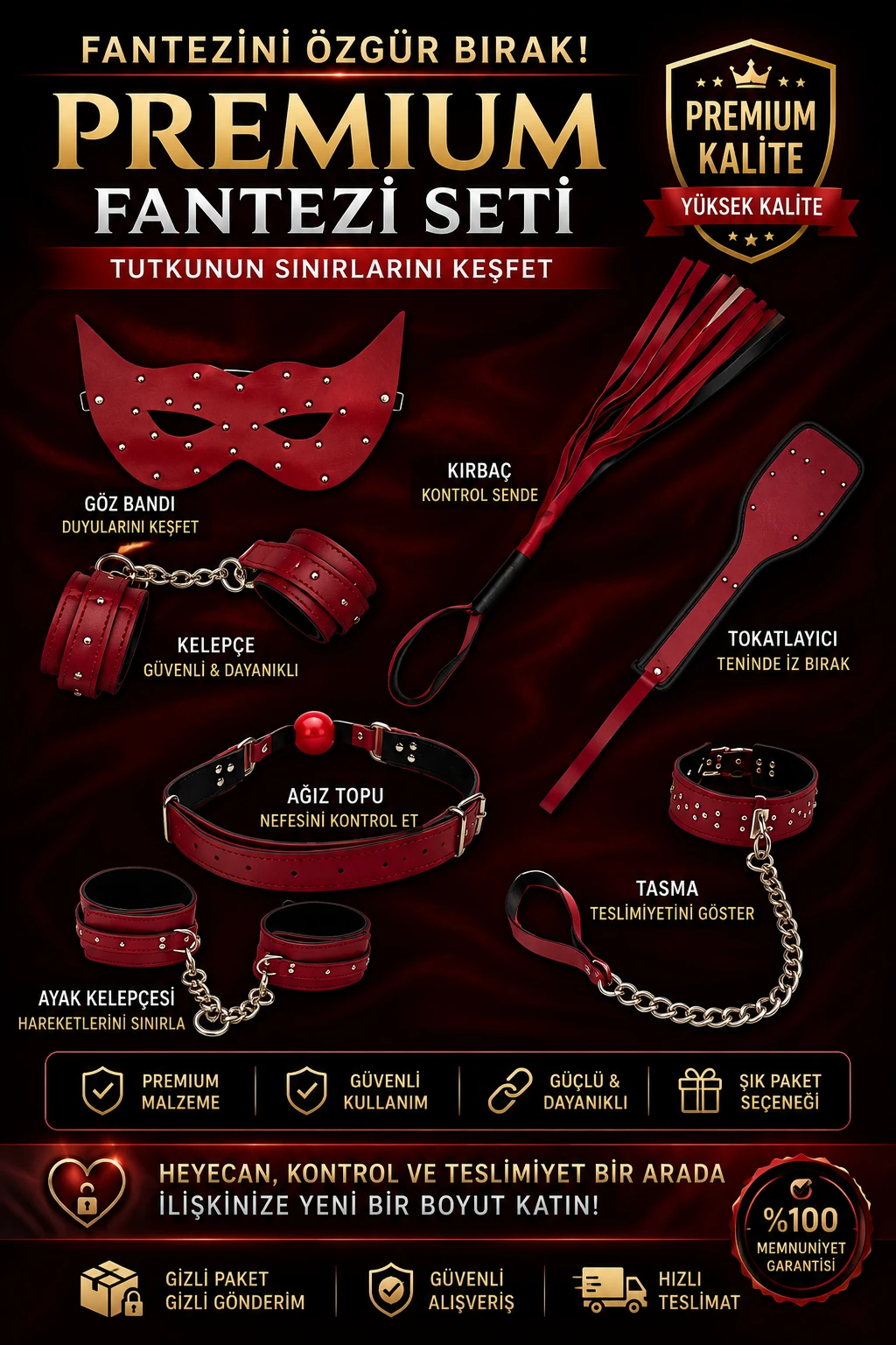 7 Parça Komple Deri Kırmızı Renk Fetiş Fantazi Seti