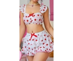 Çilek Desenli Seksi Büstiyer ve Mini Etek