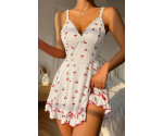 Kadın Beyaz Kiraz Baskılı Mini Elbise Askılı Şık Elbise
