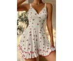 Kadın Beyaz Kiraz Baskılı Mini Elbise Askılı Şık Elbise