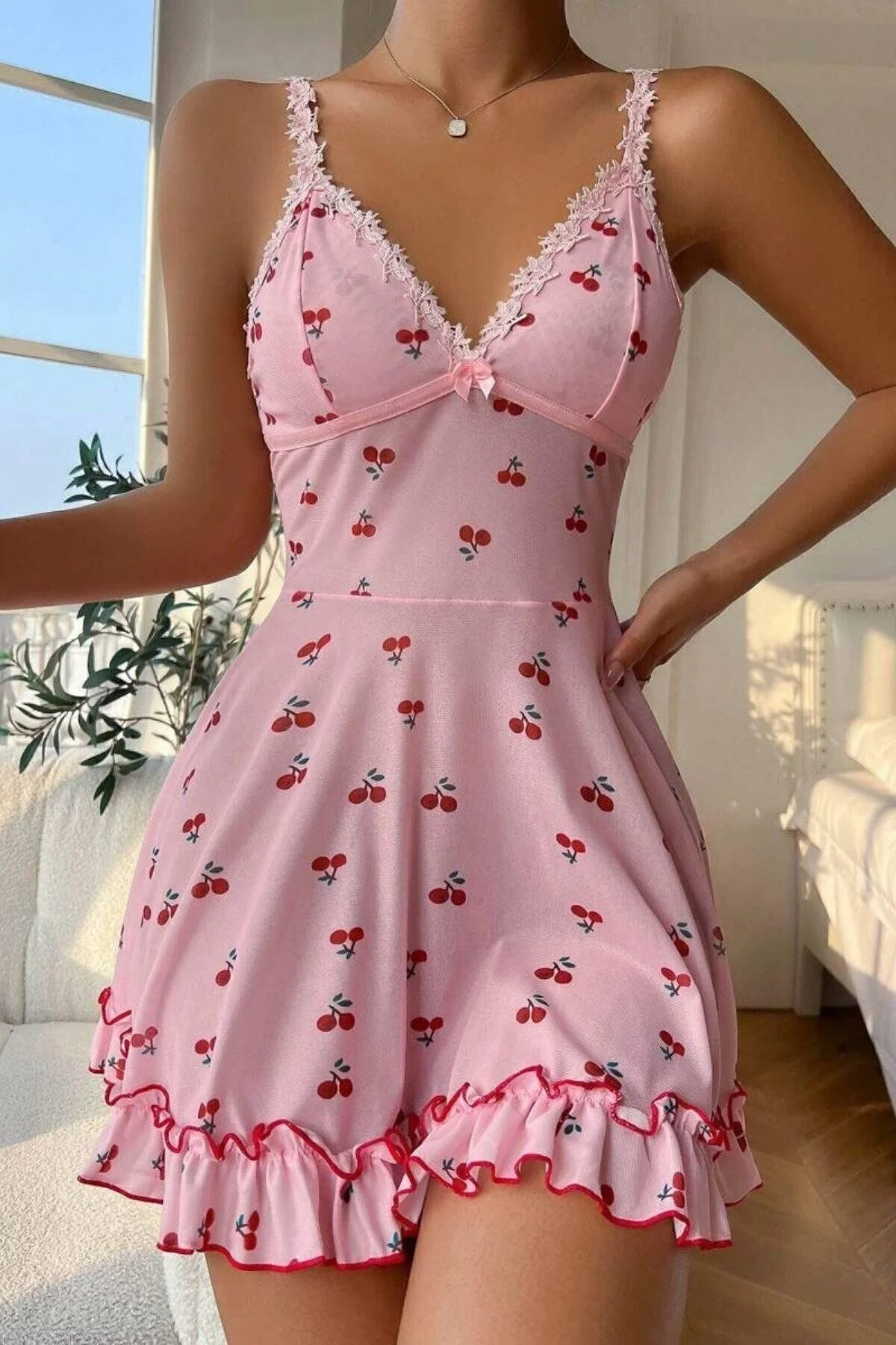 Kadın Pembe Kiraz Baskılı Mini Elbise Askılı Şık Elbise
