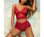 Kadın Siyah-Kırmızı Dantel Crop Bralet ve Yüksek Bel Transparan Şort Takımı Avantajlı 2 li Paket