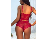 Kadın Siyah-Kırmızı Dantel Crop Bralet ve Yüksek Bel Transparan Şort Takımı Avantajlı 2 li Paket