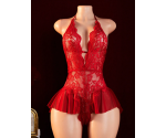 Kırmızı Sırt Ve Kasık Bölgesi Açık Zarif Tül Etek Detaylı Dantel Gecelik Takımı