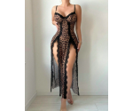 Leopar Desenli Yırtmaçlı G-String Tanga Dahil Seksi Kadın Fantezi Gecelik Takımı 