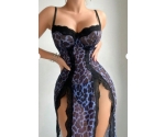 Mavi Leopar Desenli Yırtmaçlı G-String Tanga Dahil Seksi Kadın Fantezi Gecelik Takımı