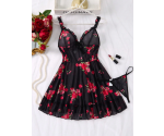 Romantik Gül Desenli Siyah Tül Babydoll Gecelik ve Dantel Detaylı Jartiyer Set