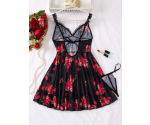 Romantik Koleksiyon Kırmızı Dantel Fantazi Gecelik ve Çiçek Baskılı Tül Babydoll Kombin Set