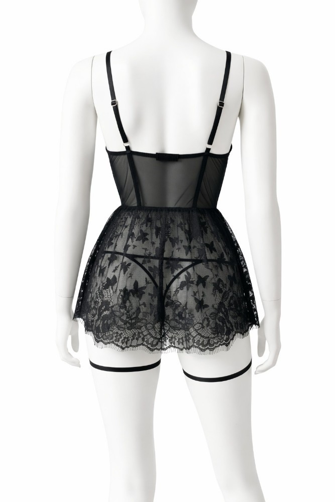 Romantik Gül Desenli Siyah Tül Babydoll Gecelik ve Dantel Detaylı Jartiyer Set