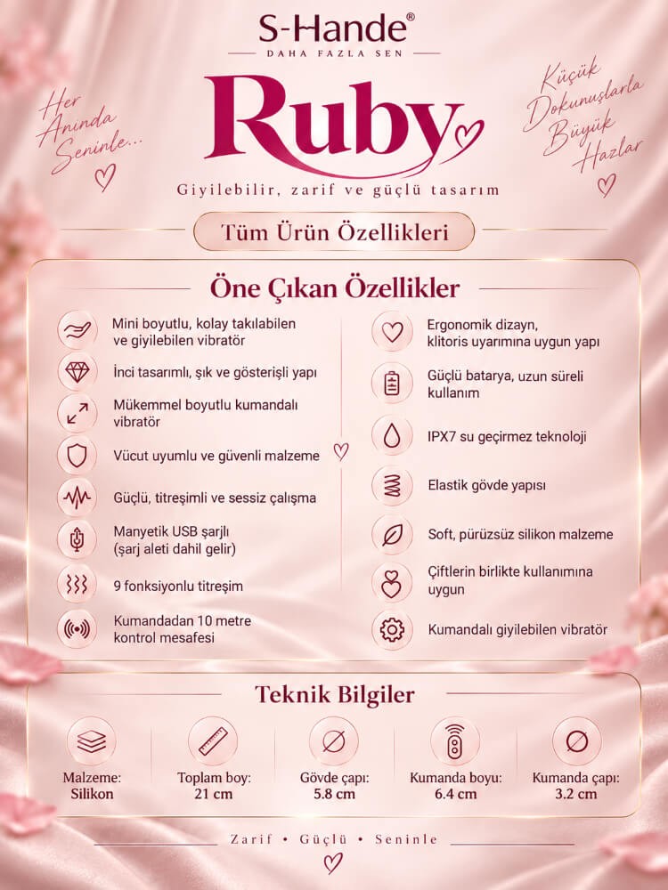Ruby 9 Modlu Titreşimli Kumandalı Giyilebilen Şarjlı Vibratör