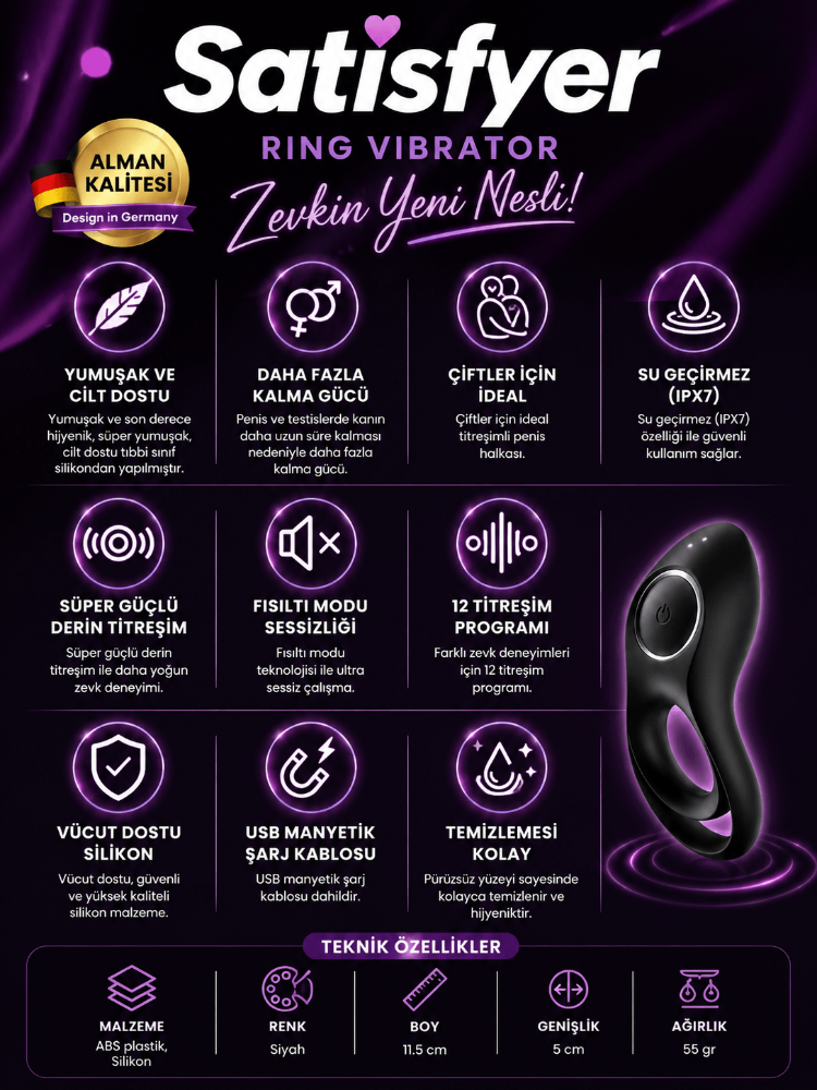 Satisfyer Legendary Duo 12 Modlu Titreşimli Şarjlı Su Geçirmez Penis Halkası