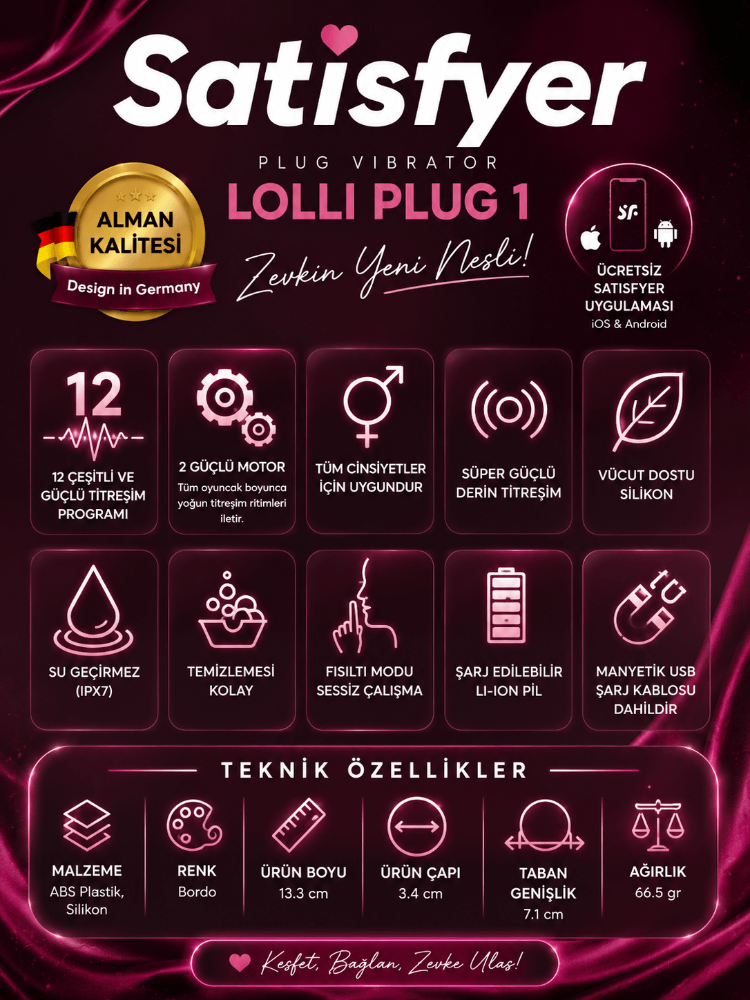 Satisfyer Lolli Plug 1 - 12 Modlu Titreşimli Şarjlı Bordo Anal Plug Vibratör