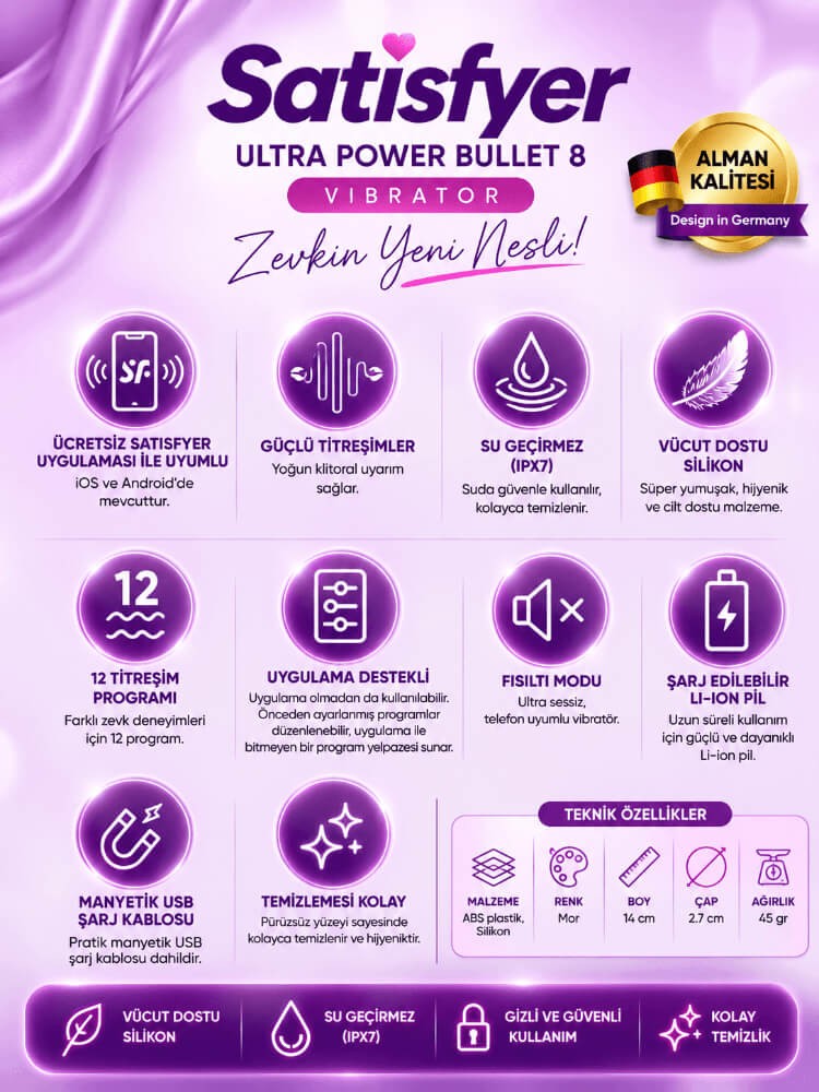 Satisfyer Ultra Power 8 - 12 Modlu Titreşimli Telefon Kontrollü Şarjlı Mor Vibratör