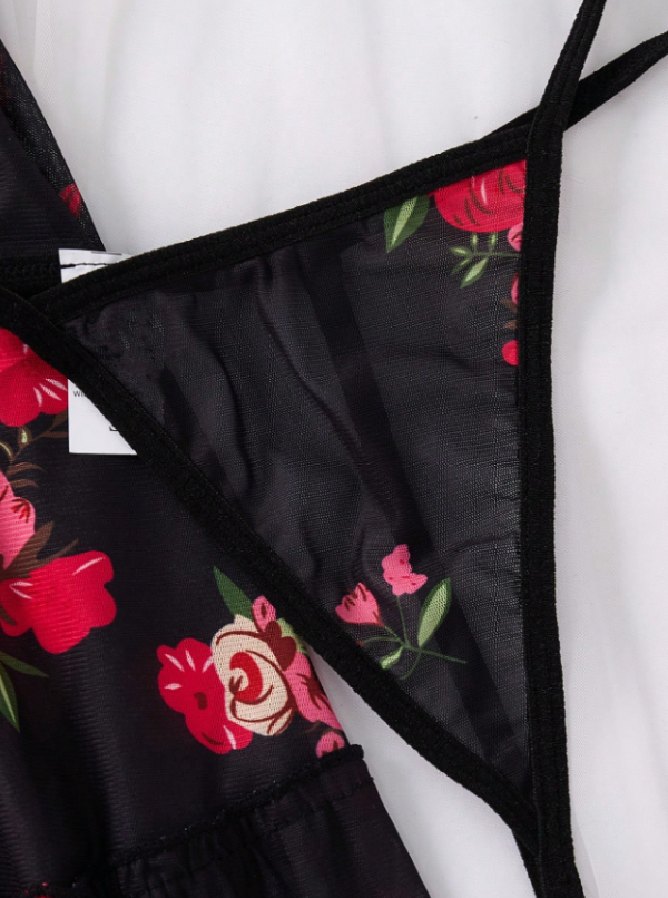 Siyah Kırmızı Gül Desenli Transparan Fantazi Gecelik Takımı 
