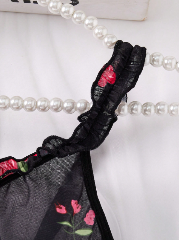 Siyah Kırmızı Gül Desenli Transparan Fantazi Gecelik Takımı