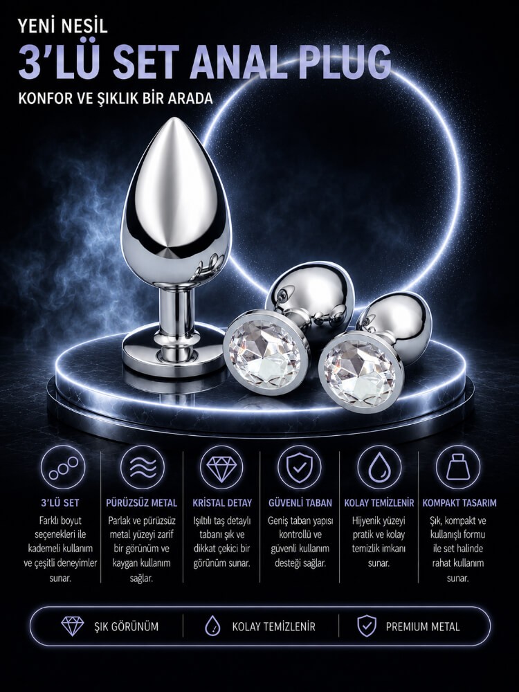 Taşlı 3 Farklı Boyutta Metal Anal Plug Seti